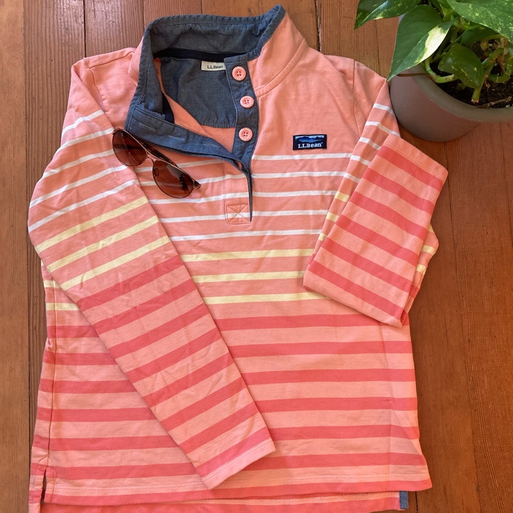L.L.Bean Women's Soft Cotton Rugby Henley Collar in Pink and White Ombre Striped